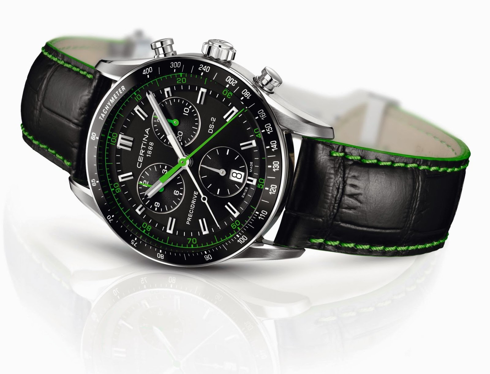 CERTINA DS-2 Chronograph – New Models in Stainless Steel Case with Black Dial Featuring Green or ...